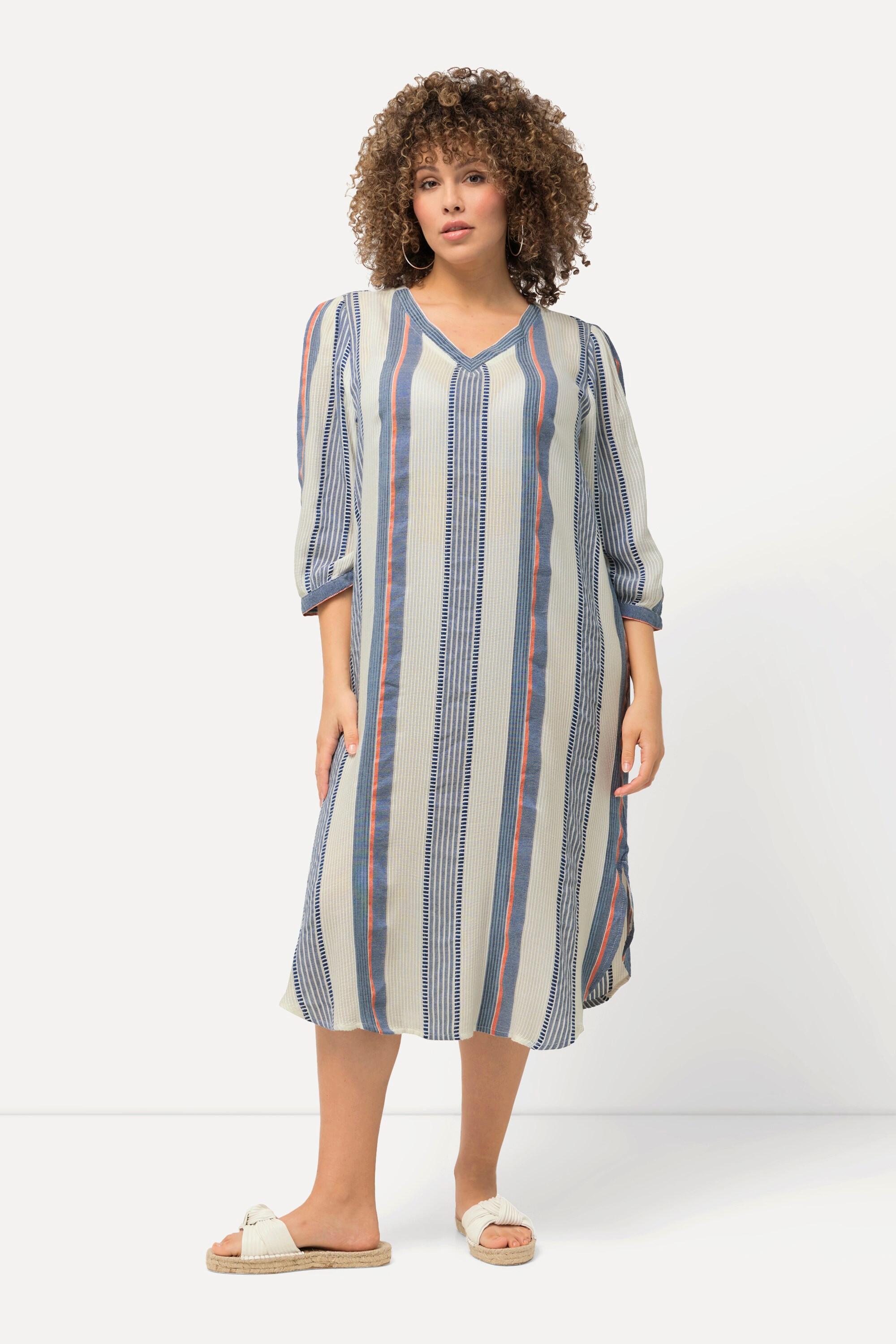 Ulla Popken  Kaftan, Musterstreifen, Oversized, V-Ausschnitt, 3/4-Arm 