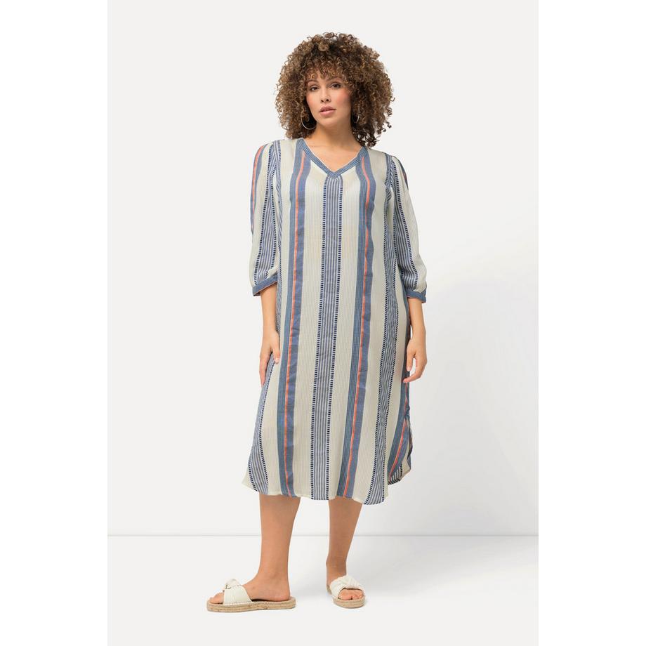 Ulla Popken Gestreifter Oversized Kaftan V-Ausschnitt 3/4-Arm  