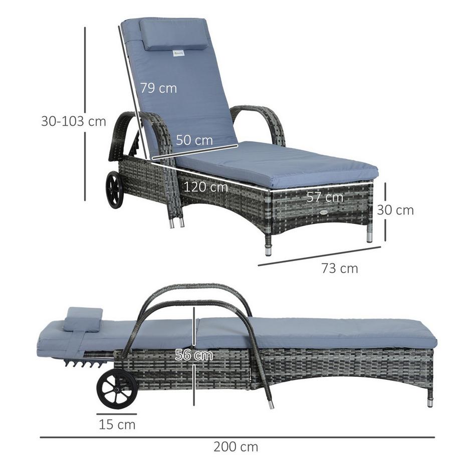 Northio Gartenmöbel Gartenliege Sonnenliege Liege Mobil Mit Kissen, Polyrattan+Metall, Grau, 200X73X30-103Cm  