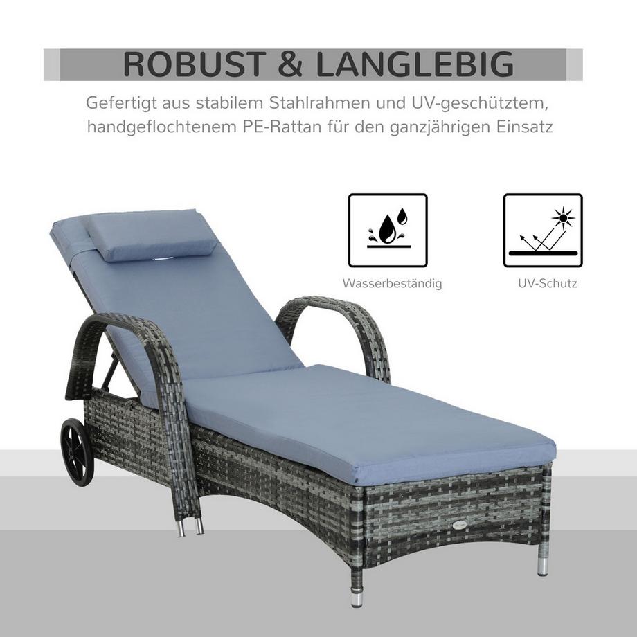 Northio Gartenmöbel Gartenliege Sonnenliege Liege Mobil Mit Kissen, Polyrattan+Metall, Grau, 200X73X30-103Cm  