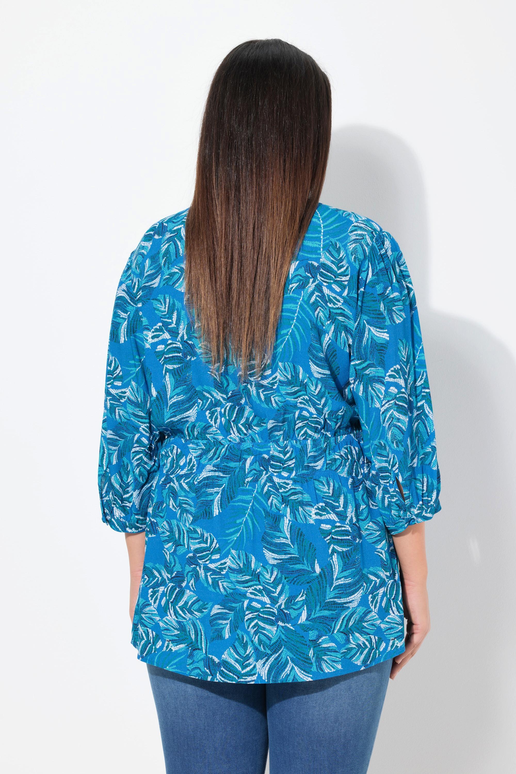 Ulla Popken Blusa Fantasia Foglie Taglio Svasato Scollo a V Maniche 3/4  