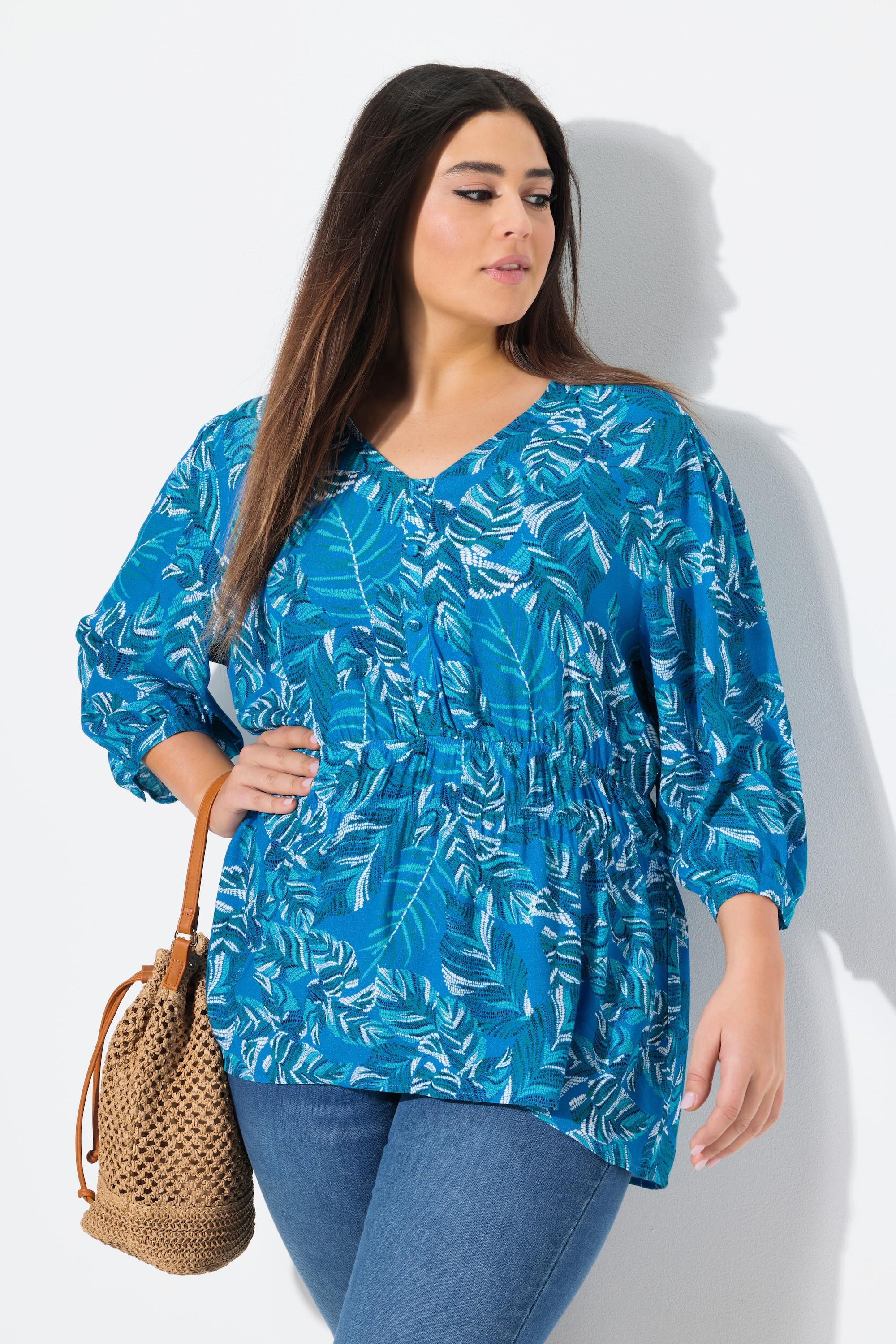 Ulla Popken Blusa Fantasia Foglie Taglio Svasato Scollo a V Maniche 3/4  