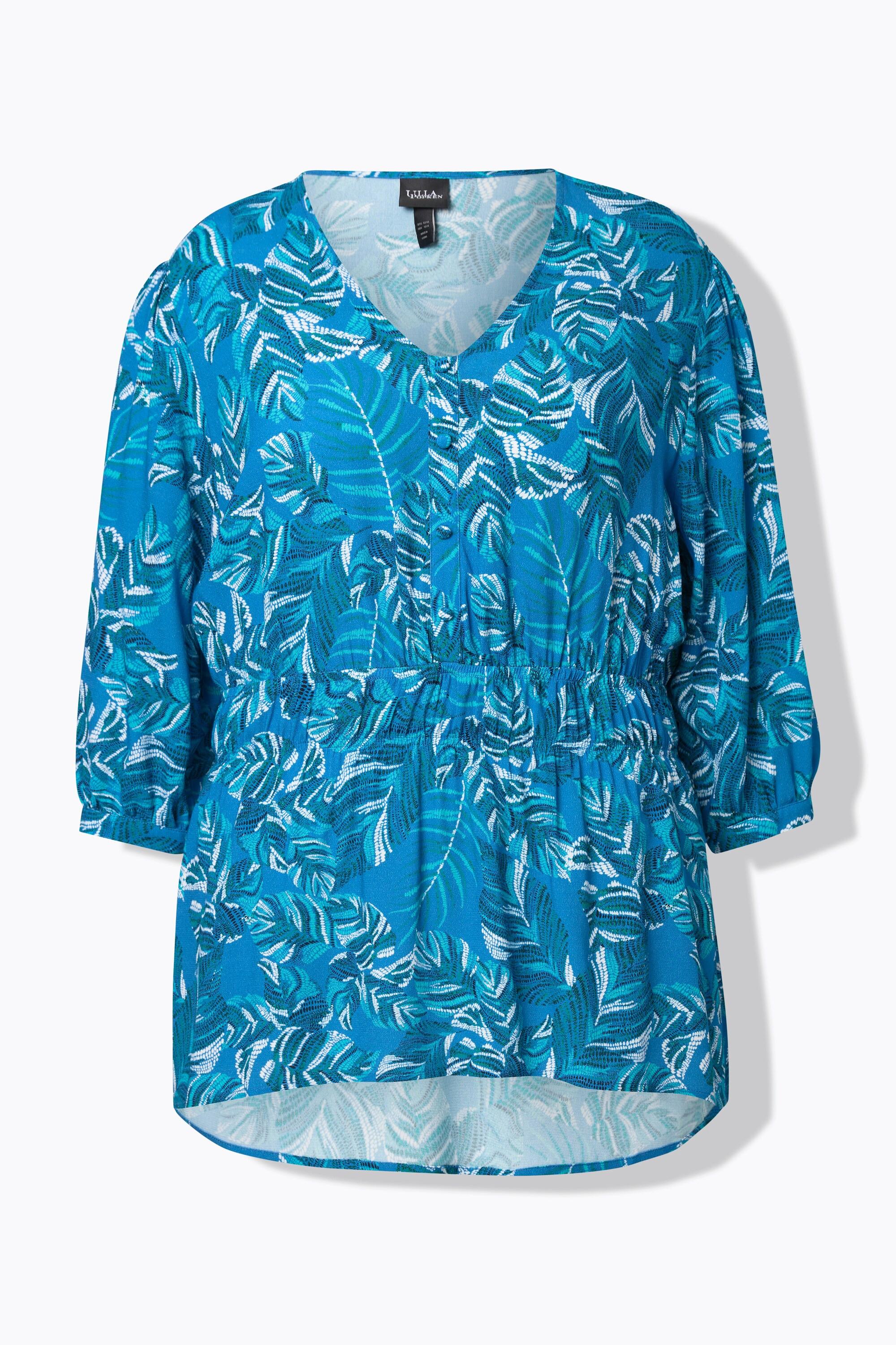 Ulla Popken Blusa Fantasia Foglie Taglio Svasato Scollo a V Maniche 3/4  