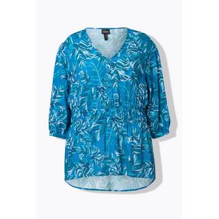 Ulla Popken Blusa Fantasia Foglie Taglio Svasato Scollo a V Maniche 3/4  