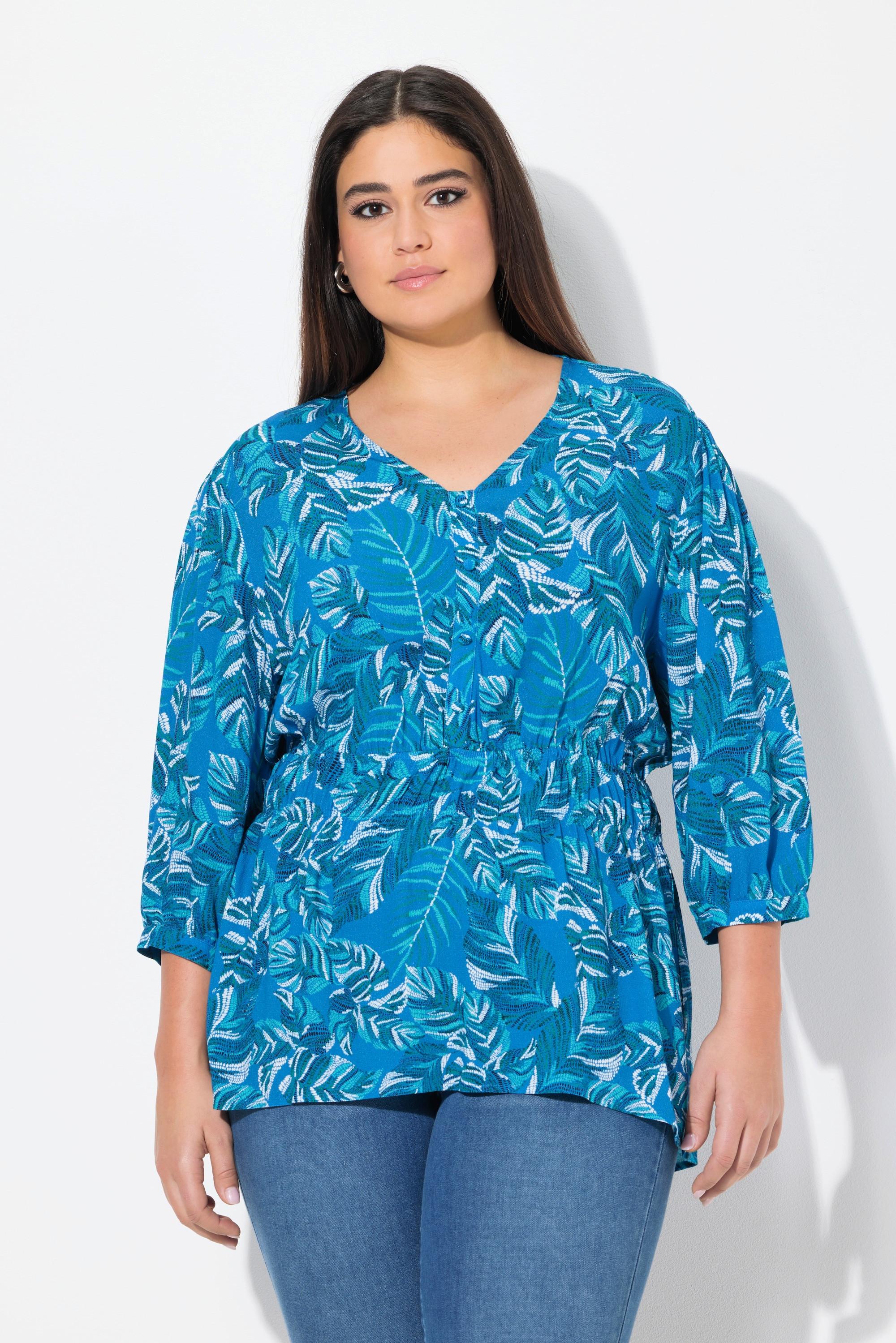 Ulla Popken Blusa Fantasia Foglie Taglio Svasato Scollo a V Maniche 3/4  