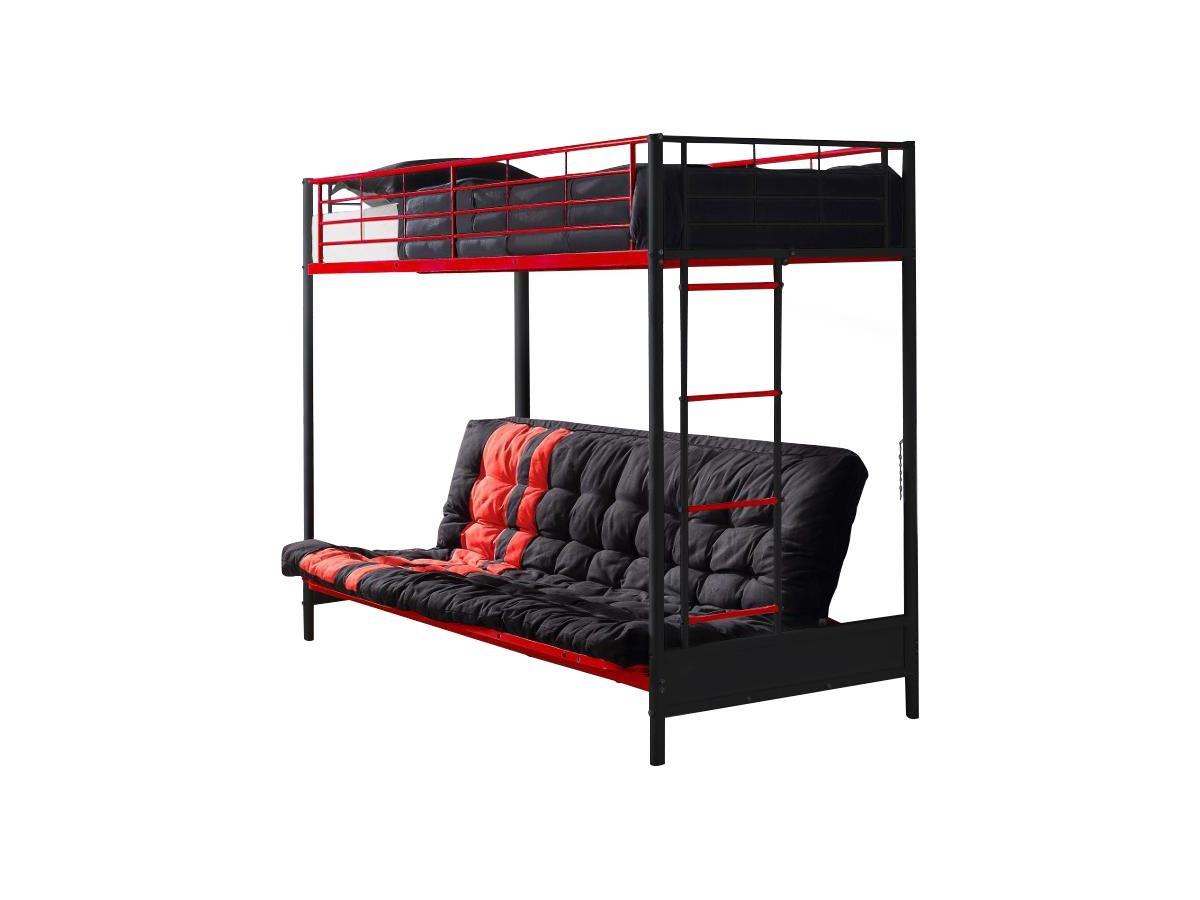 Vente-unique Lit mezzanine 90 x 190 cm - Avec banquette convertible - Métal - Noir et rouge + Futon - MODULO V  