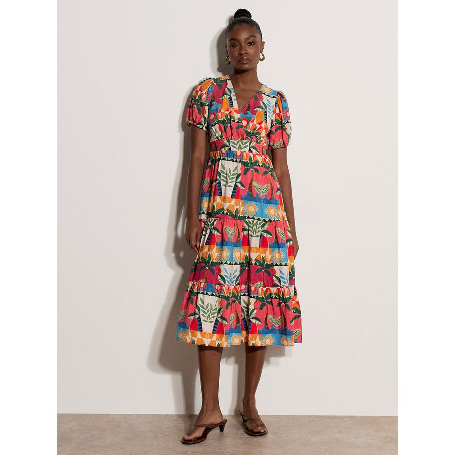 Midi-Kleid mit Tropenprint und Stufen