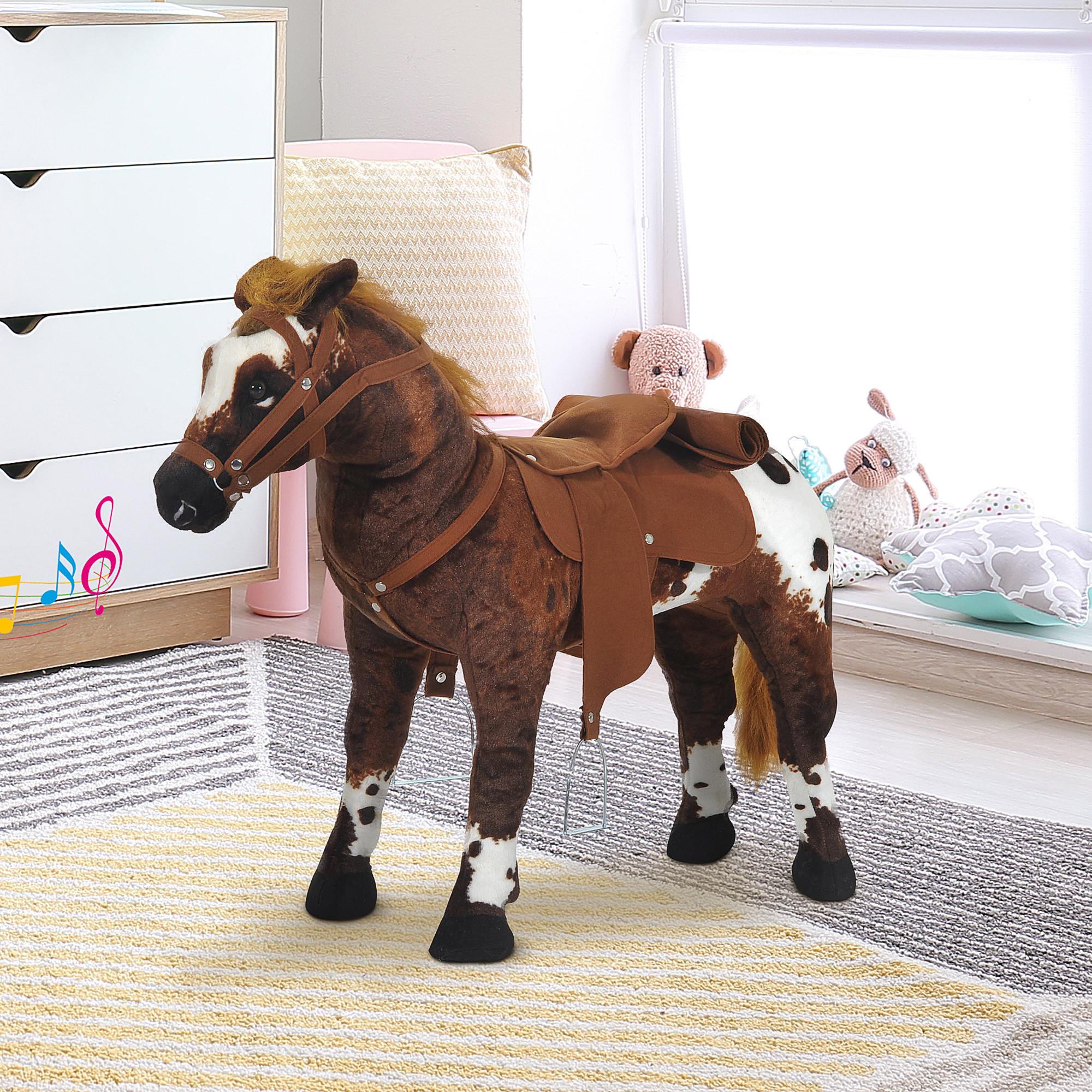 HOMCOM  Cavallo Da Equitazione Cavallo Da Gioco Suono Per Bambini Cavallo In Piedi Peluche Metallo Marrone + Bianco 85X28X60Cm 