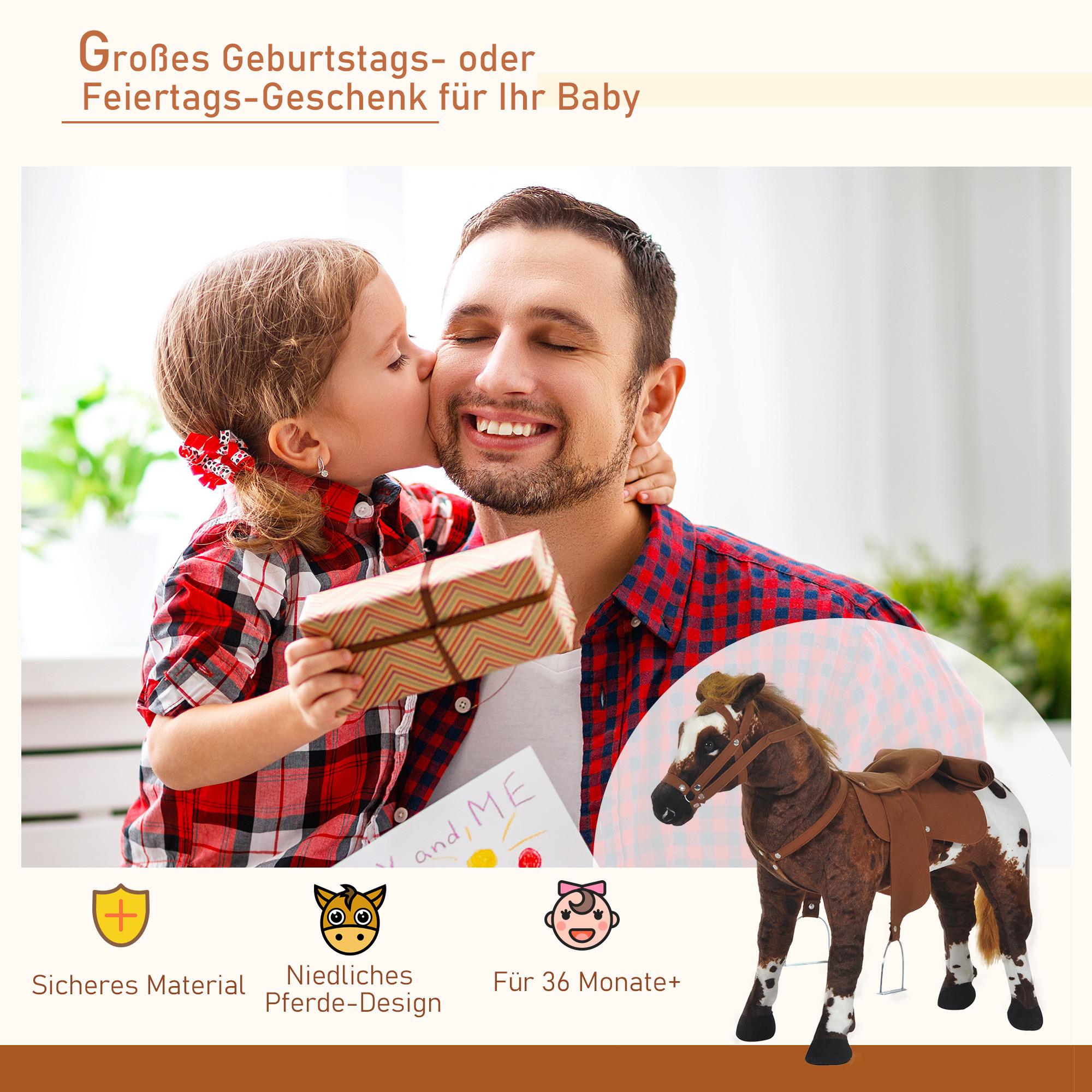 Northio  Cheval D'Équitation Cheval De Jeu Sonore Pour Enfant Cheval Debout En Peluche Métal Marron + Blanc 85X28X60Cm 