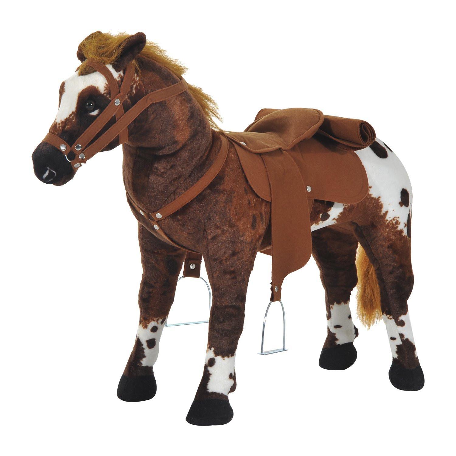 Northio  Cheval D'Équitation Cheval De Jeu Sonore Pour Enfant Cheval Debout En Peluche Métal Marron + Blanc 85X28X60Cm 