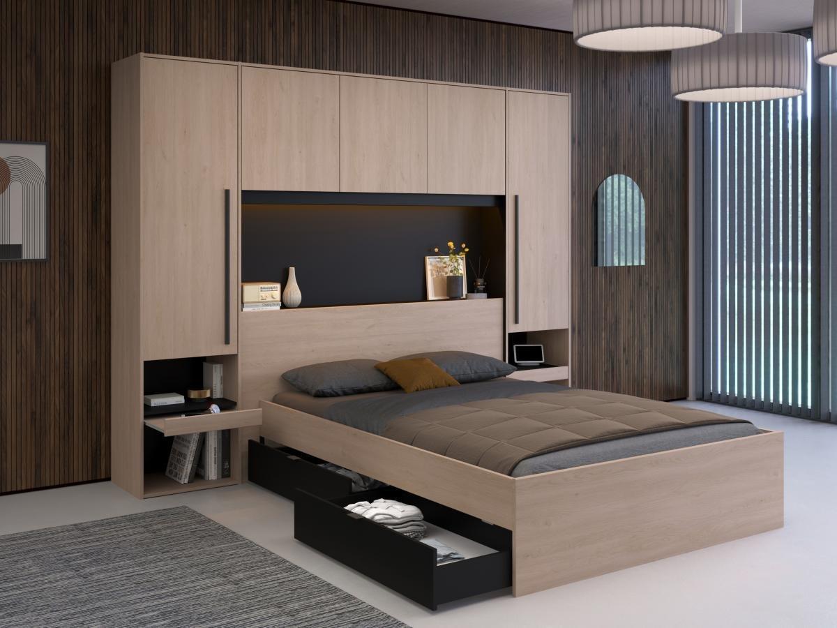 Vente-unique Letto con vani portaoggetti e LED 140 x 190 cm Naturale e Nero - VELONA  