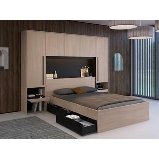 Vente-unique Letto con vani portaoggetti e LED 140 x 190 cm Naturale e Nero - VELONA  