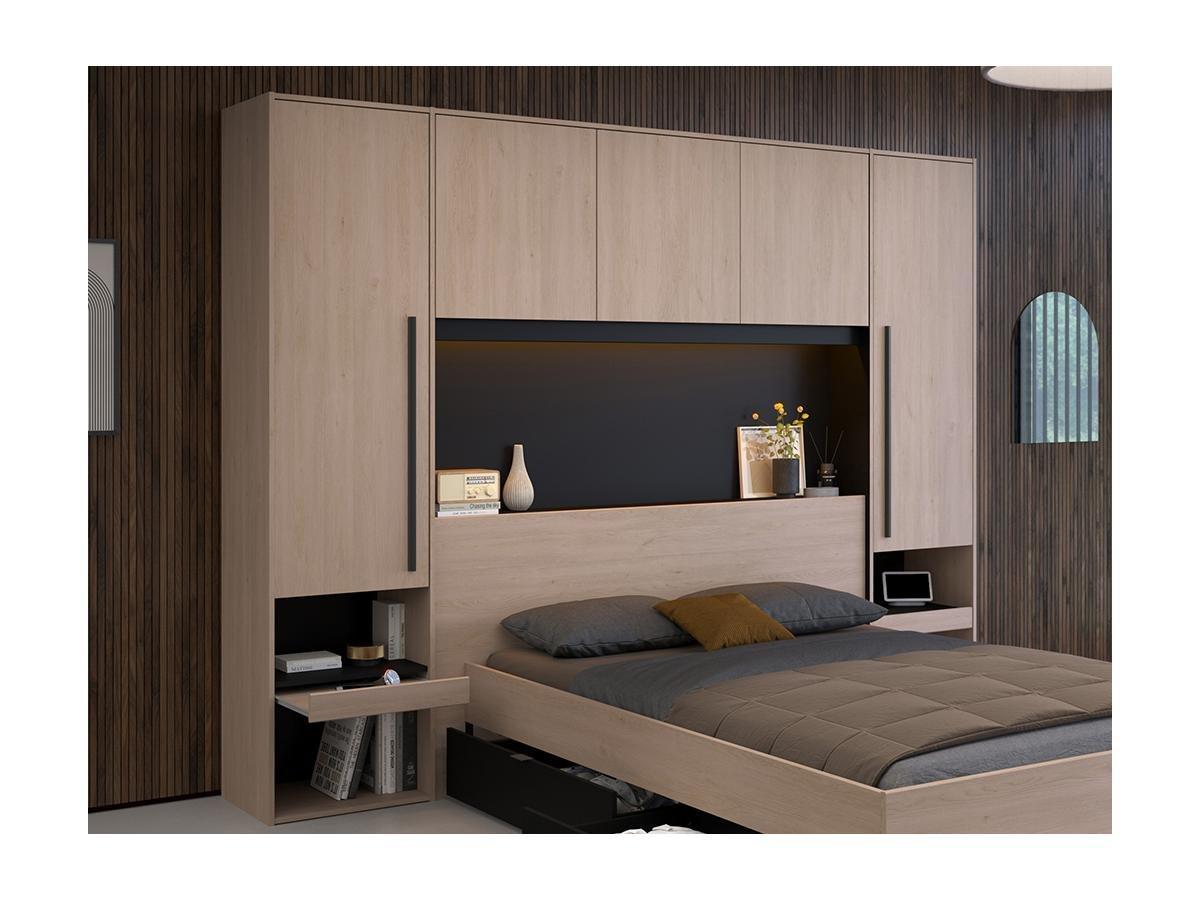 Vente-unique Letto con vani portaoggetti e LED 140 x 190 cm Naturale e Nero - VELONA  