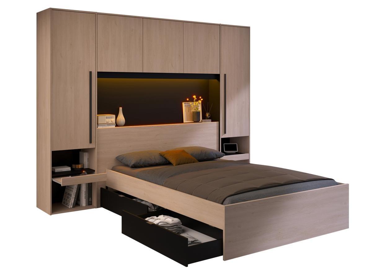 Vente-unique Letto con vani portaoggetti e LED 140 x 190 cm Naturale e Nero - VELONA  