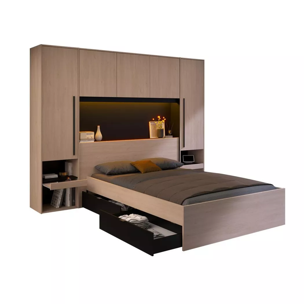 Vente-unique - Lit pont 140 x 190 cm avec rangements - Avec LEDs - Coloris : Naturel et noir - VELONA, 140X190CM