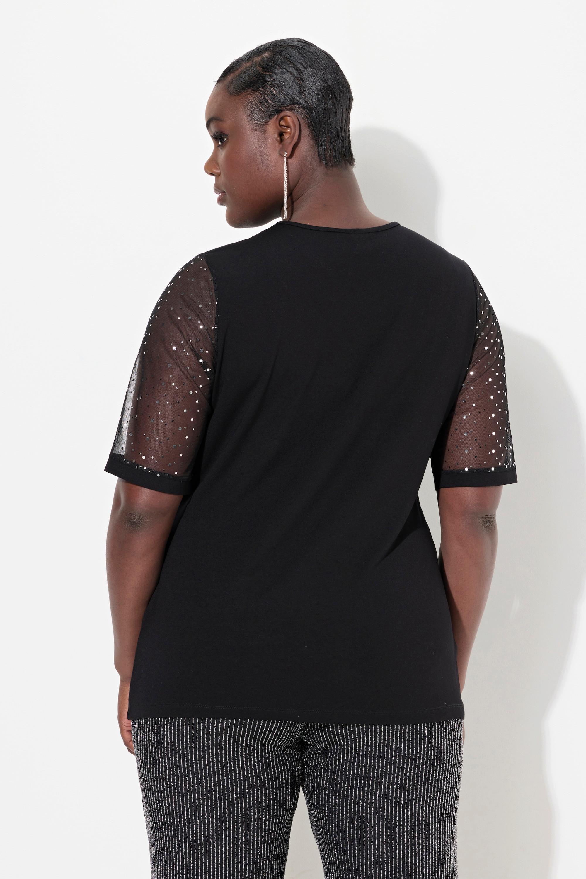 Ulla Popken  T-shirt classica in mesh con paillettes e fodera in jersey 