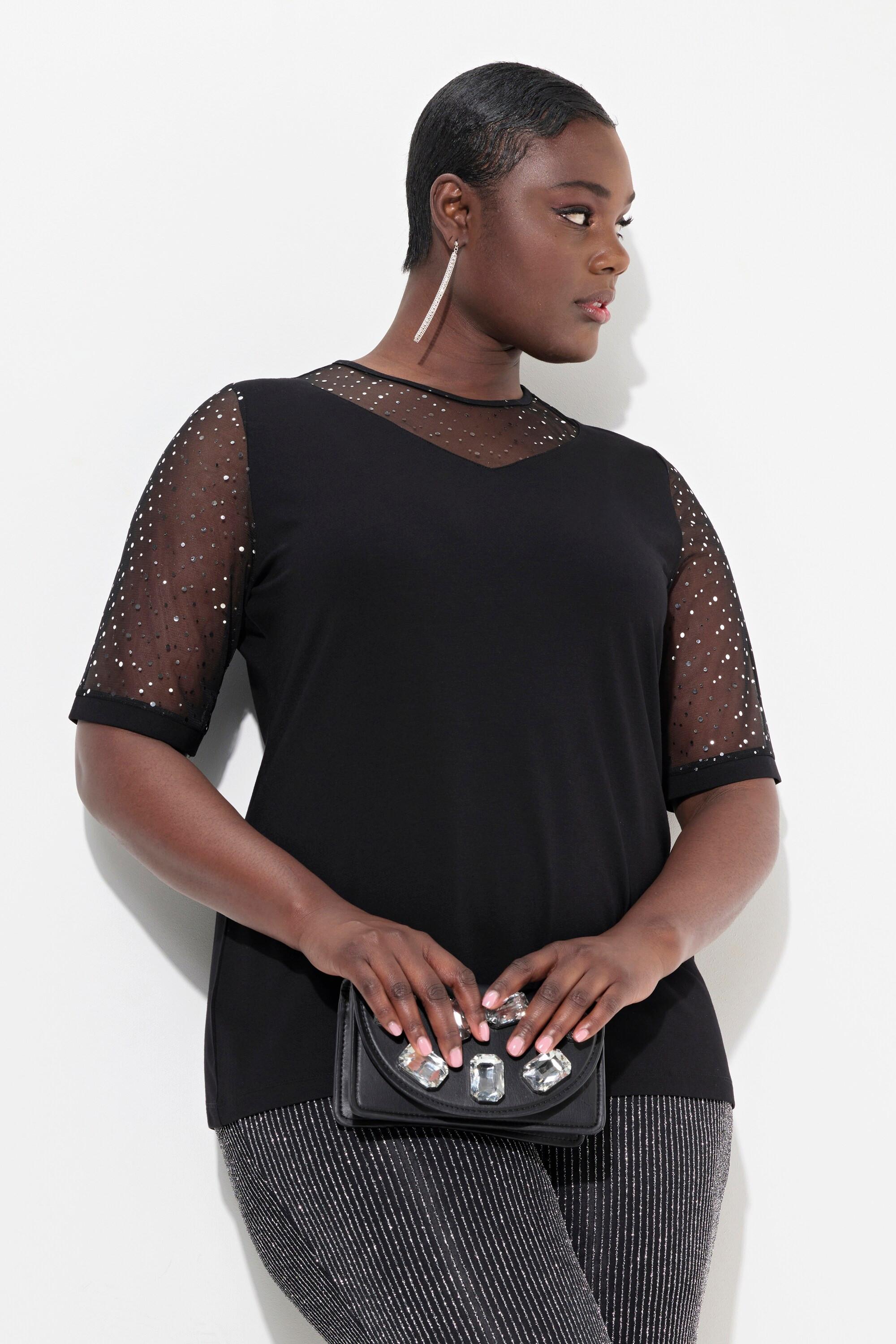 Ulla Popken  T-shirt classica in mesh con paillettes e fodera in jersey 