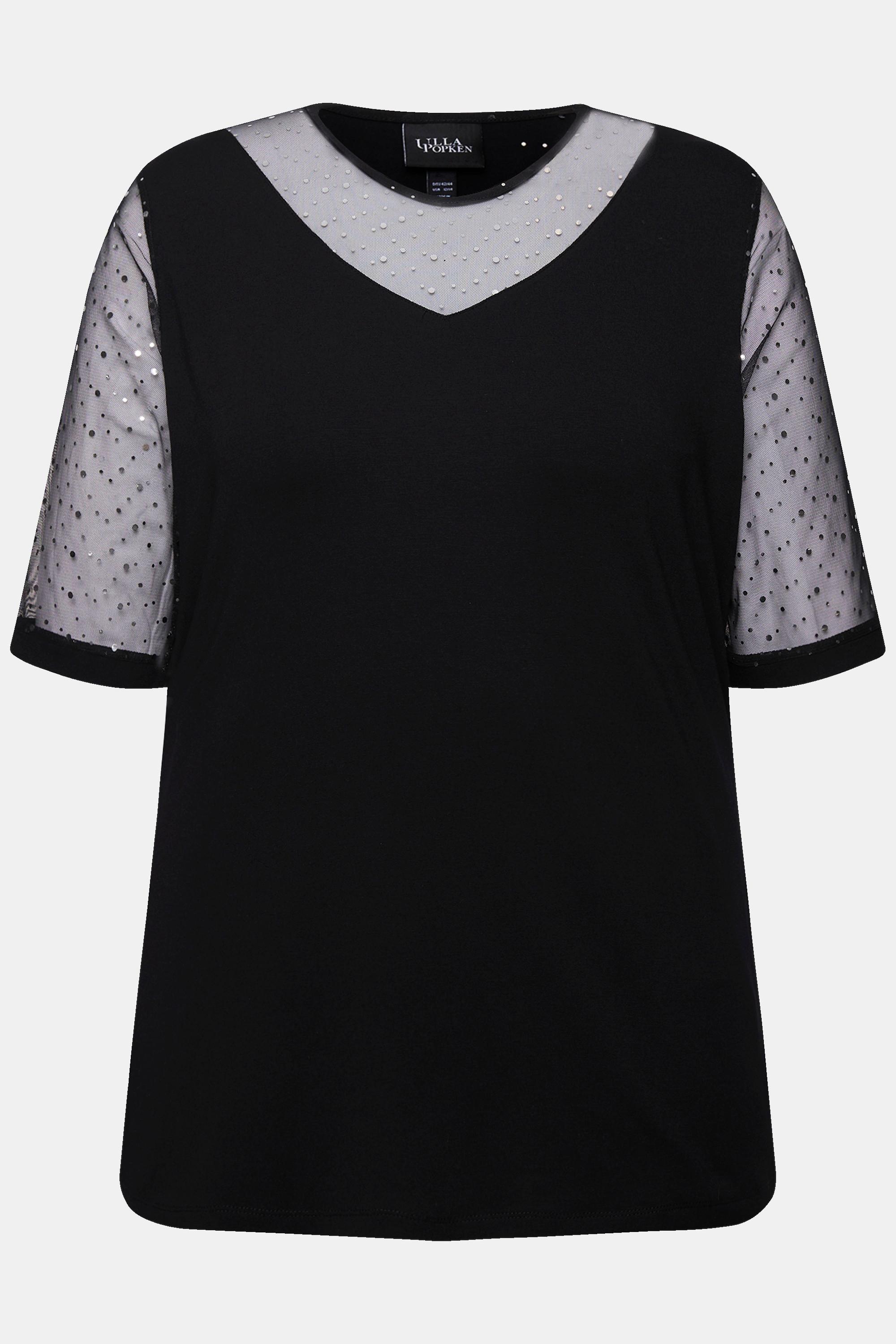 Ulla Popken  T-shirt à coupe Classic Fit. Voile en mesh à sequins, top en jersey opaque 