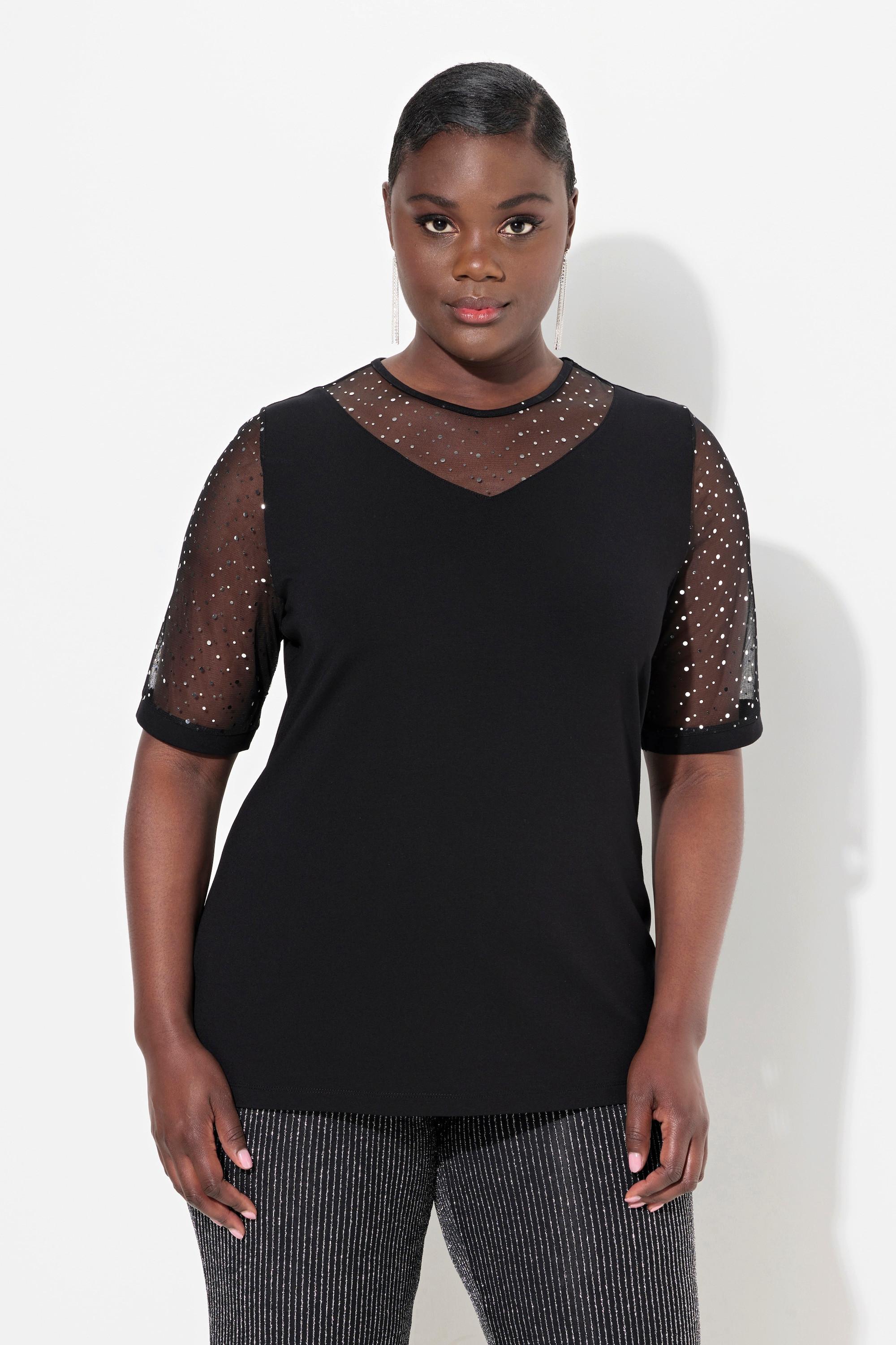 Ulla Popken  T-shirt classica in mesh con paillettes e fodera in jersey 