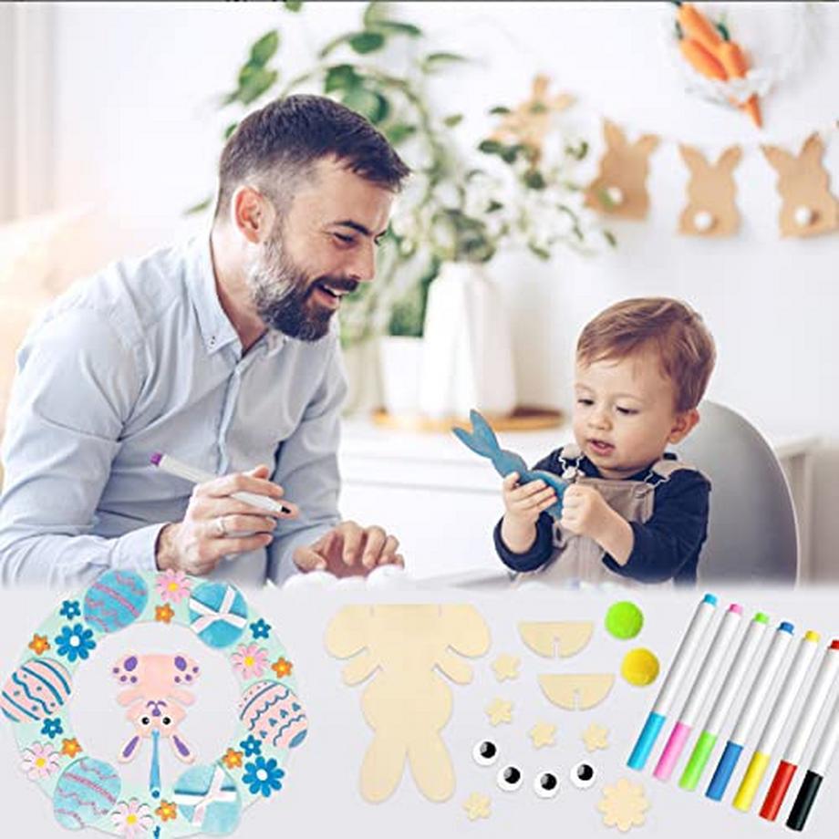 Activity-board  Osterkränze Kinderbastelset, Holzhase zum Bemalen, Osterhasendekoration 