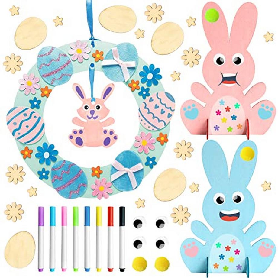 Osterkränze Kinderbastelset, Holzhase zum Bemalen, Osterhasendekoration