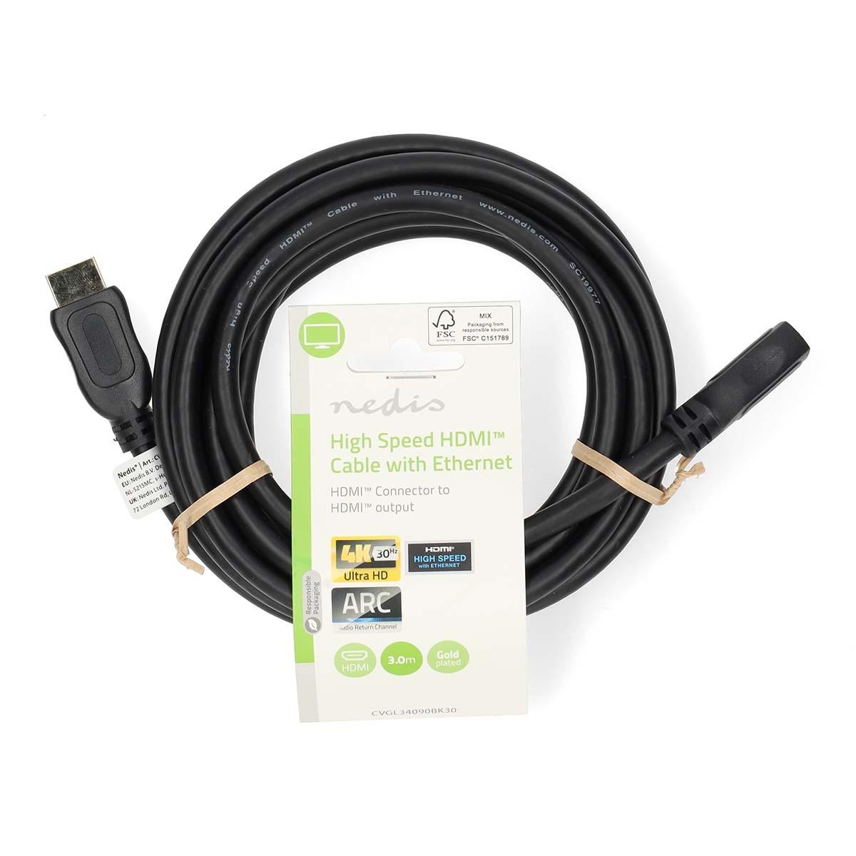 Nedis  High Speed HDMI™ Kabel mit Ethernet | HDMI™ Stecker | HDMI™ Buchse | 4K@30Hz | 10.2 Gbps | 3.00 m | Rund | PVC | Schwarz | Etikett 