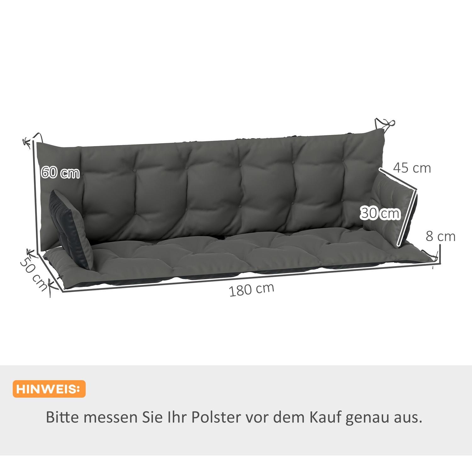 Northio Coussin de banc 3 places 180 x 110 x 8 cm avec attaches, coussin de siège, coussin de chaise extérieur/intérieur, coussin de siège, coussin de banc pour meubles de jardin, balançoire, gris foncé + noir  