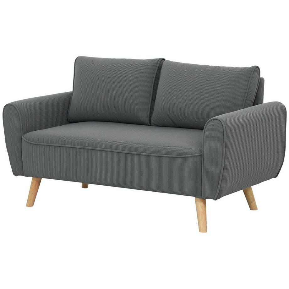 Zweisitzer Sofa mit 2 Kissen, Polstersofa mit 54cm extra tiefen Sitzen, Doppelsofa aus Cord, klein Sofa mit Holzrahmen 2er Couch für Wohnzimmer Schlafzimmer Büro, 145 x 75 x 78 cm, Dunkelgrau