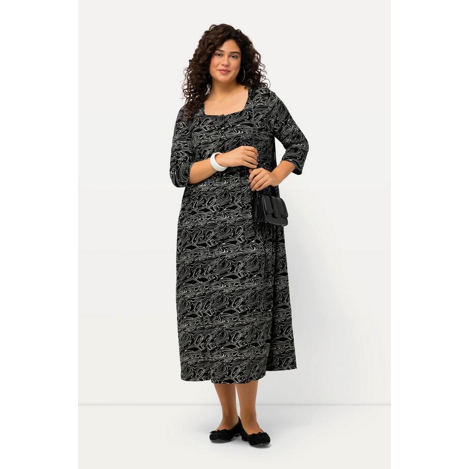 Ulla Popken Abito di jersey onde scollo rettangolare maniche a 3/4 taglio svasato  