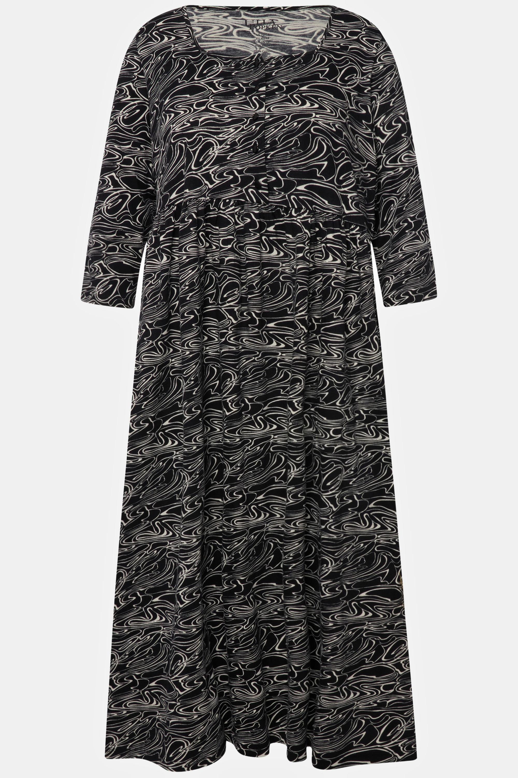 Ulla Popken  Robe en jersey, motif vagues. Encolure carrée et manches 3/4. Silhouette en A. 