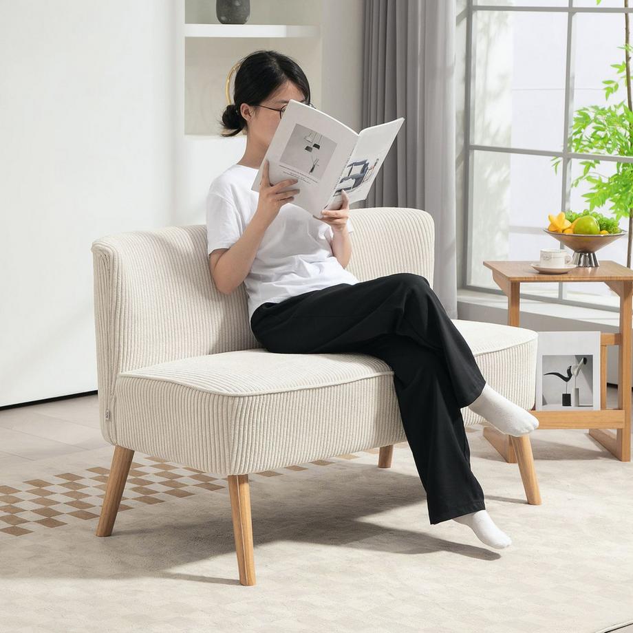 Northio Divano Divano moderno a 2 posti senza braccioli, divano imbottito con effetto velluto a coste, divanetto lounge con gambe in legno per soggiorno, 117 x 56,5 x 77 cm, bianco crema  