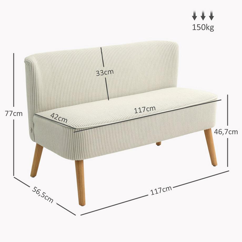 Northio Divano Divano moderno a 2 posti senza braccioli, divano imbottito con effetto velluto a coste, divanetto lounge con gambe in legno per soggiorno, 117 x 56,5 x 77 cm, bianco crema  
