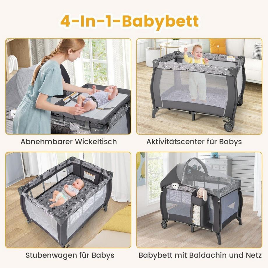 B2X  Lit bébé 4 en 1, lit d'appoint portable, lit de voyage avec matelas pliable et table à langer, gris clair 
