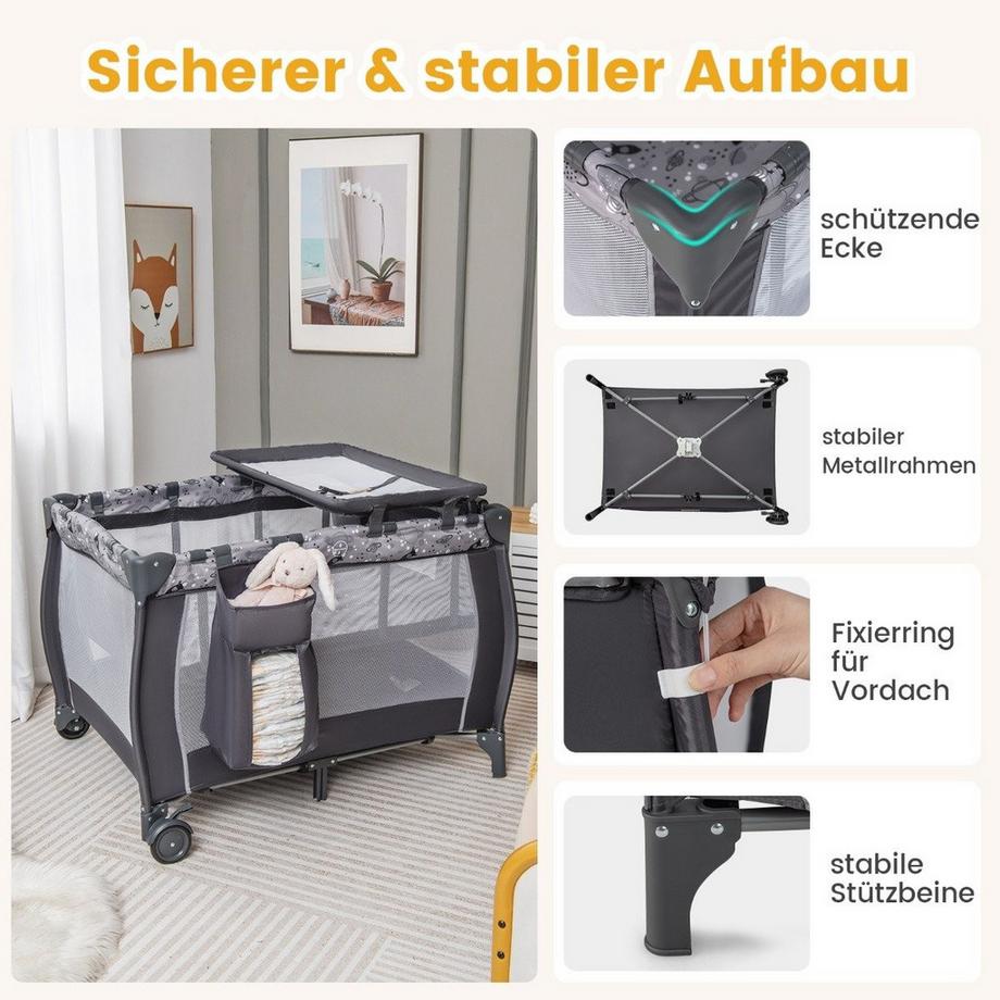 B2X  Lit bébé 4 en 1, lit d'appoint portable, lit de voyage avec matelas pliable et table à langer, gris clair 