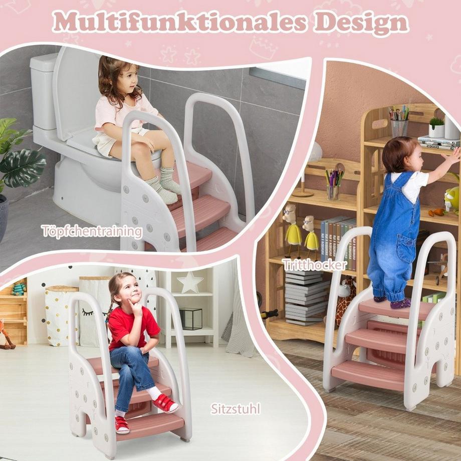 Northix  Escabeau 3 marches pour enfants, aide à l'escalade avec poignées de sécurité, capacité de charge de 50 kg, rose 