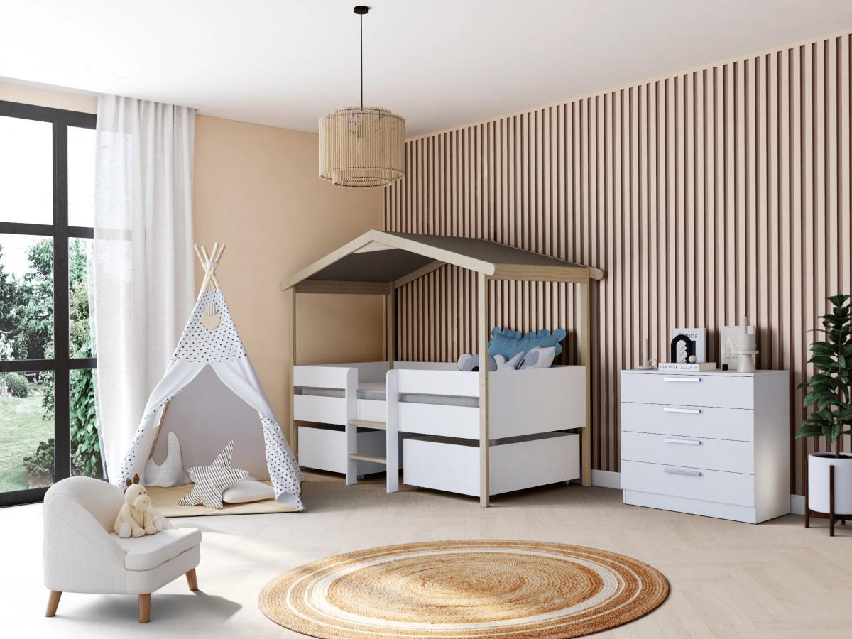 Vente-unique Kinderbett Hausbett mit Schubladen Lindenholz Eiche SAROSI  