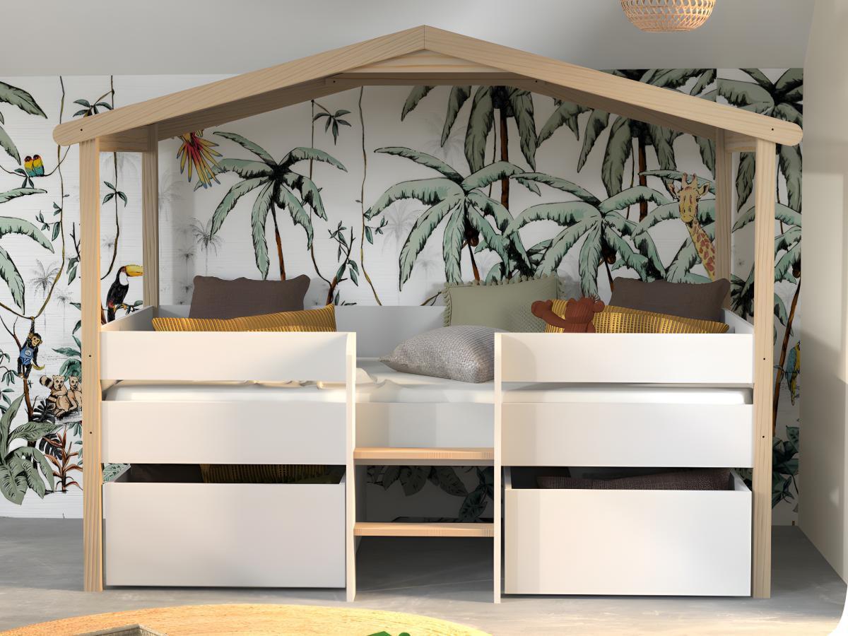 Vente-unique Kinderbett Hausbett mit Schubladen Lindenholz Eiche SAROSI  