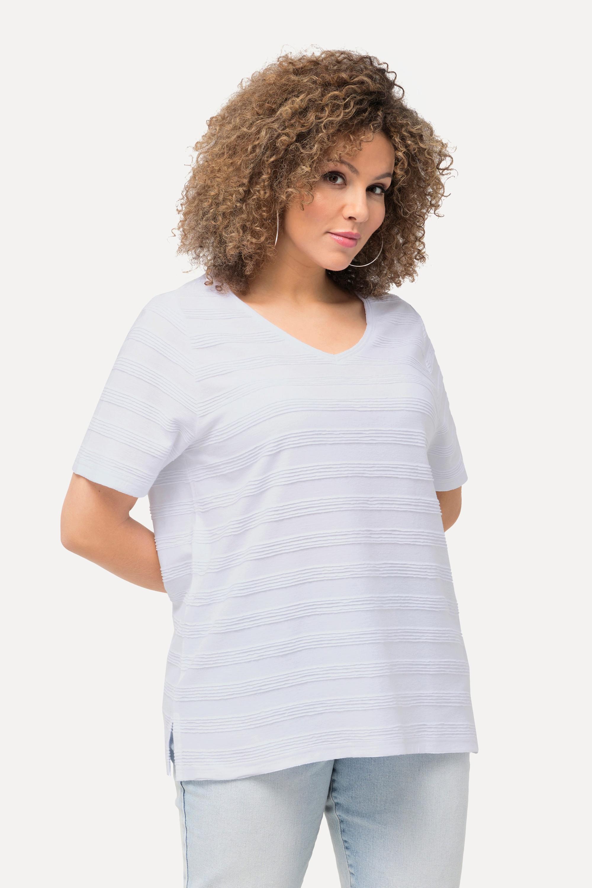 Ulla Popken  T-shirt con texture a righe, scollo a V e mezze maniche 