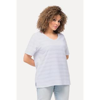 Ulla Popken  T-shirt con texture a righe, scollo a V e mezze maniche 