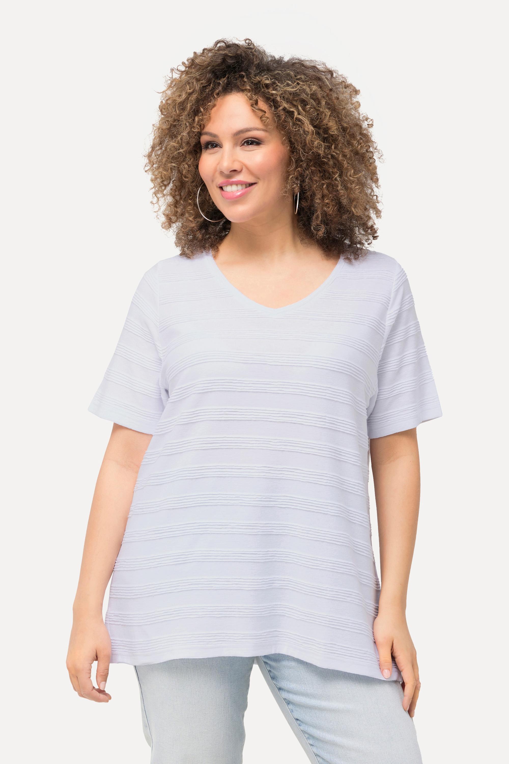 Ulla Popken  T-shirt con texture a righe, scollo a V e mezze maniche 