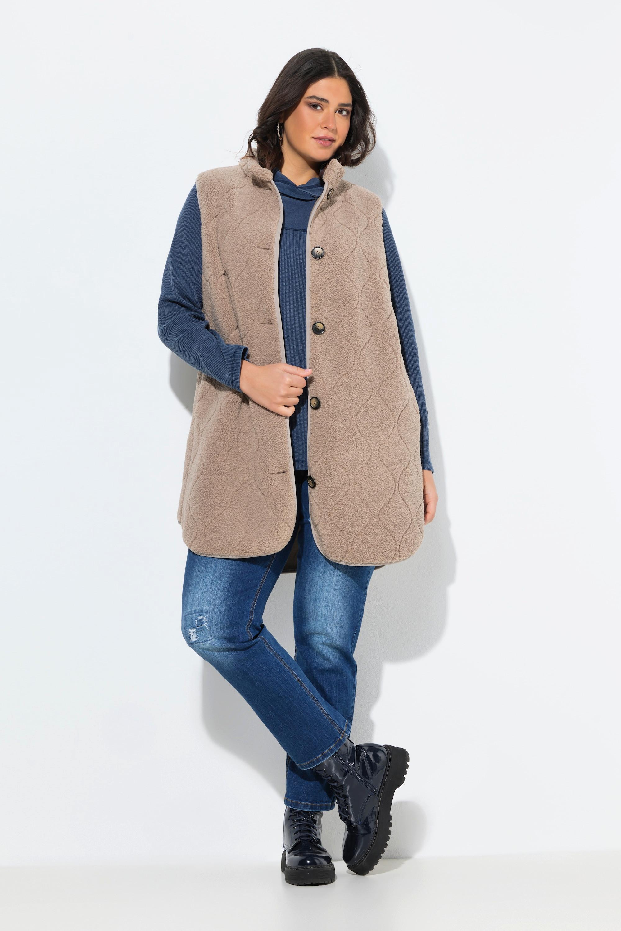 Ulla Popken Veste sans manches en polaire bouclée Col montant Coupe évasée  