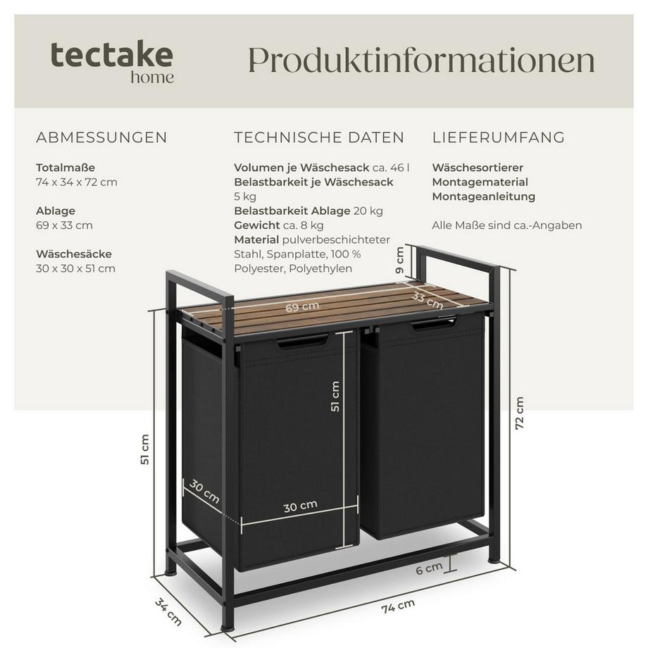 Tectake Wäschesortierer mit Ablage, Industrial Style  