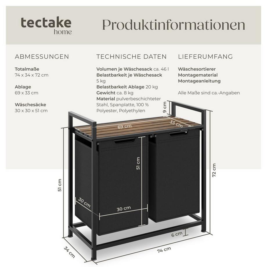 Tectake Panier à linge  style industriel avec 2 ou 3 compartiments extensibles  
