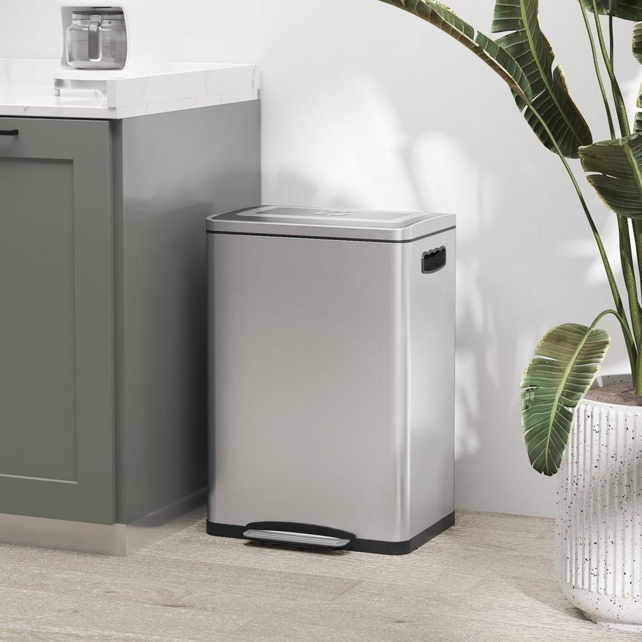 Northio Pattumiera a pedale da 40 litri con coperchio e pedale, pattumiera con 2 contenitori interni, funzione di chiusura ammortizzata per soggiorno, ufficio, acciaio inossidabile, argento, 40 x 34,8 x 59 cm |  