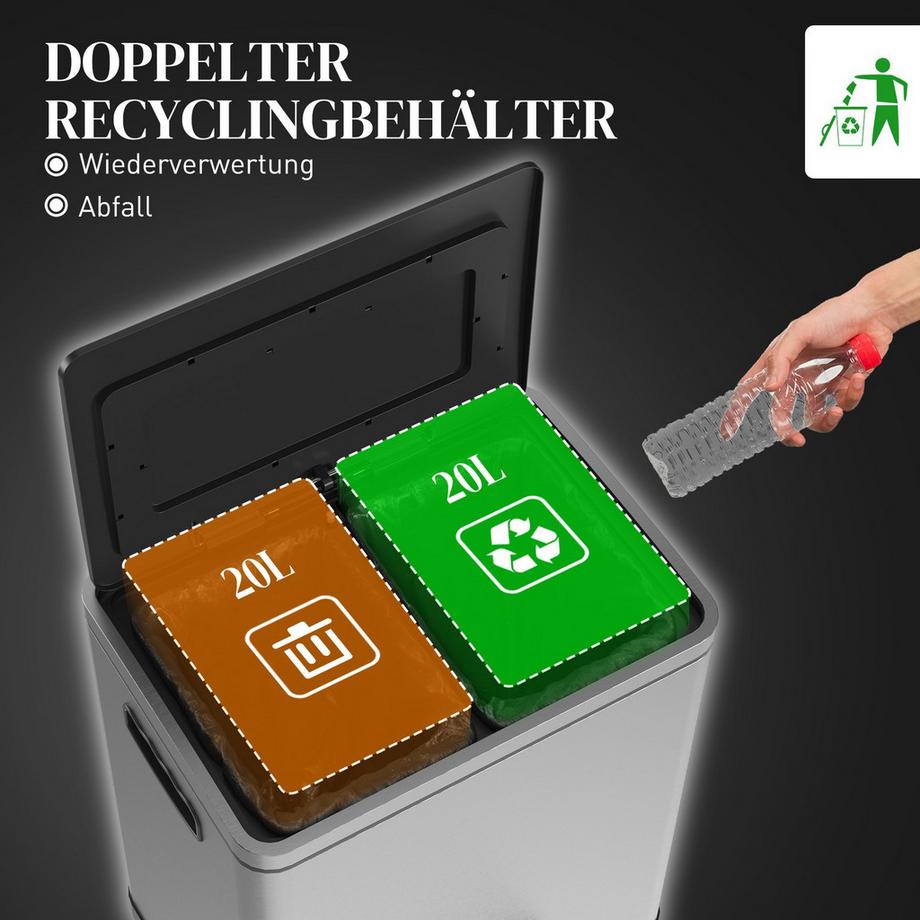 Northio Pattumiera a pedale da 40 litri con coperchio e pedale, pattumiera con 2 contenitori interni, funzione di chiusura ammortizzata per soggiorno, ufficio, acciaio inossidabile, argento, 40 x 34,8 x 59 cm |  