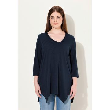 T-shirt long en coton bio, col en V et manches 3/4 - silhouette en A