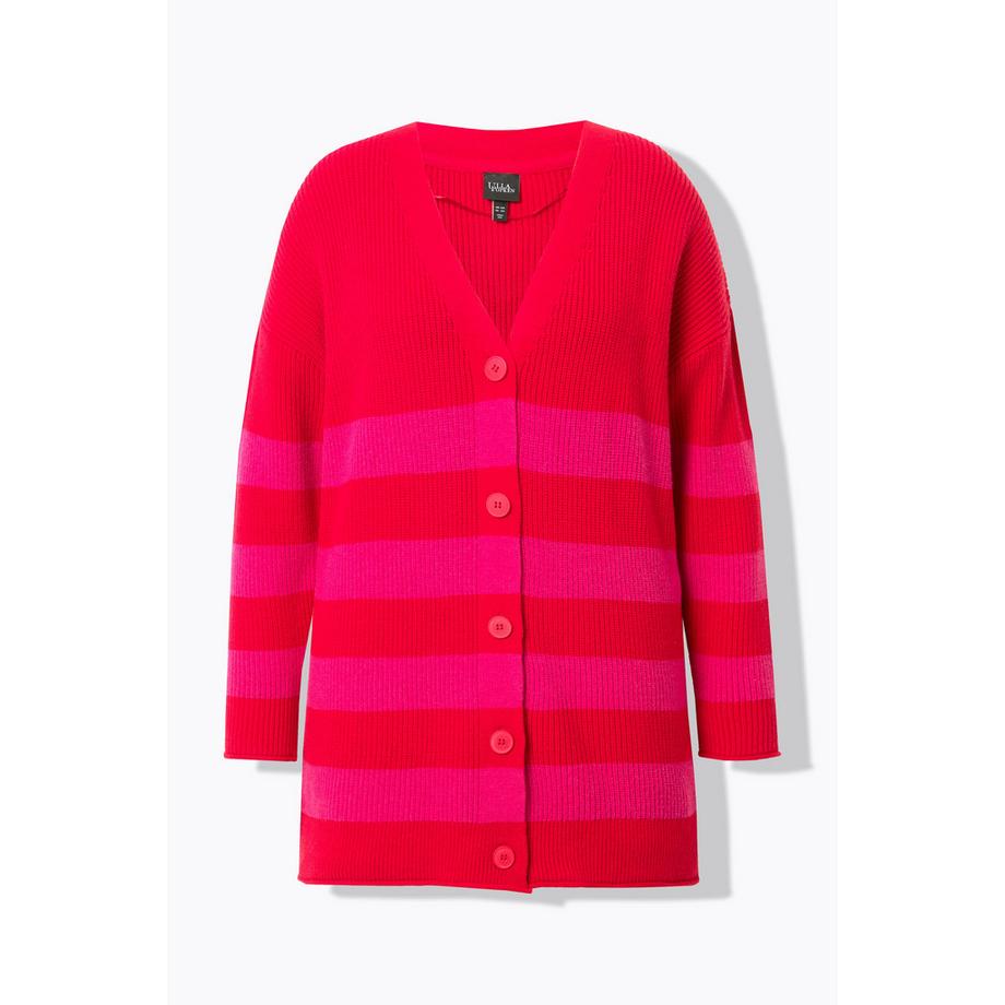 Ulla Popken Cardigan rayé coupe Boxy encolure en V bords roulottés  