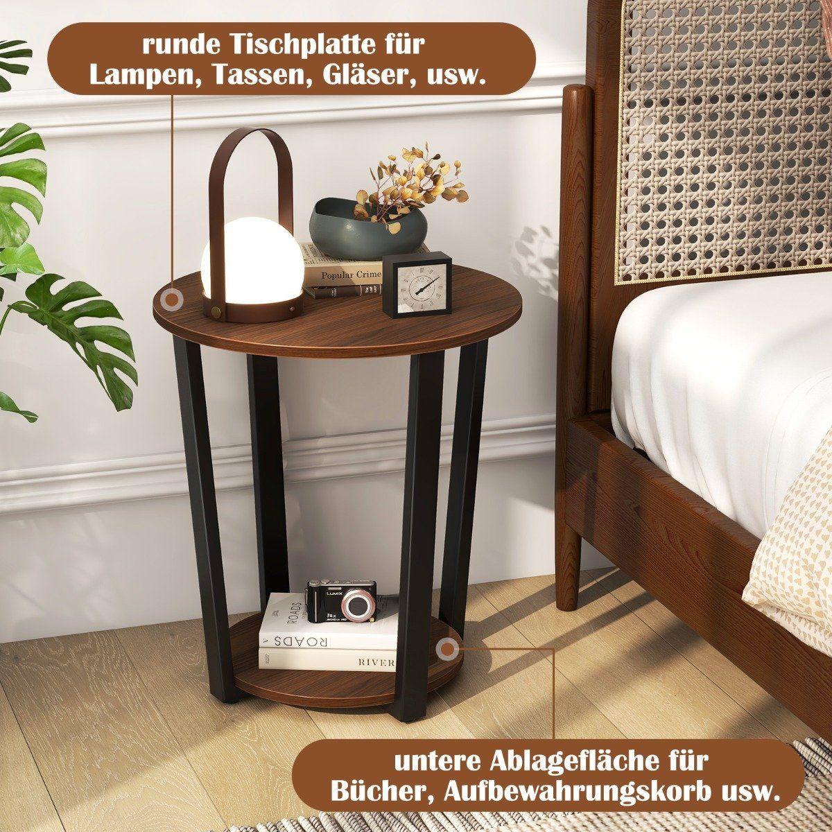 Northix Runder Beistelltisch mit Offener Ablage & Metallrahmen 2-stufiger Akzenttisch Sofatisch-Walnuss  