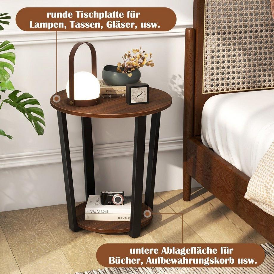 Northix Runder Beistelltisch mit Offener Ablage & Metallrahmen 2-stufiger Akzenttisch Sofatisch-Walnuss  