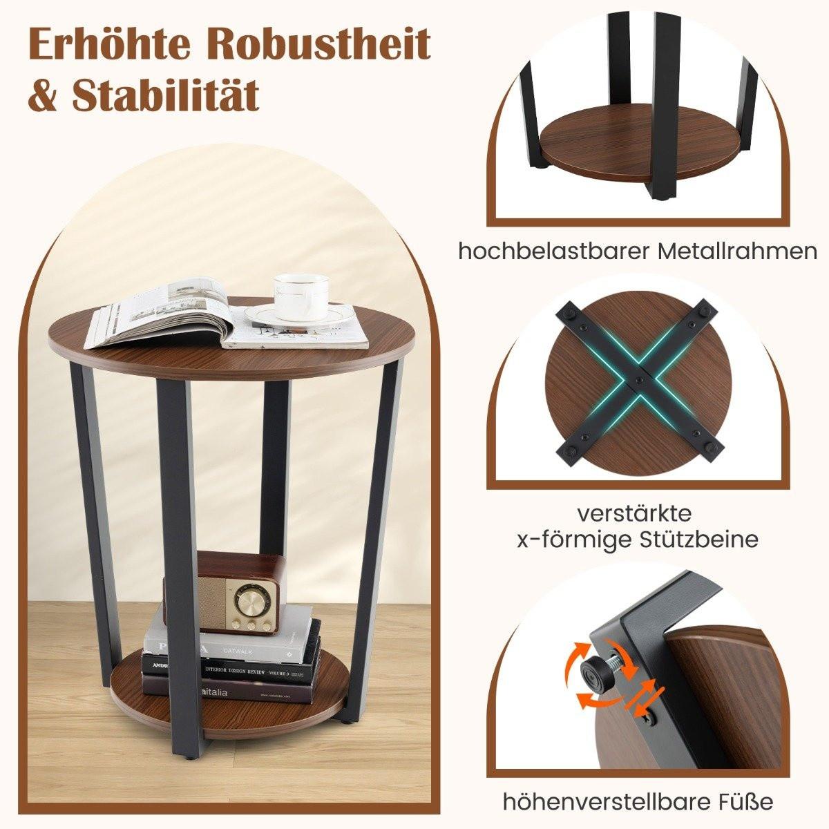 Northix Runder Beistelltisch mit Offener Ablage & Metallrahmen 2-stufiger Akzenttisch Sofatisch-Walnuss  